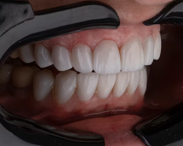 a person's teeth showing with the use of a bite blocker